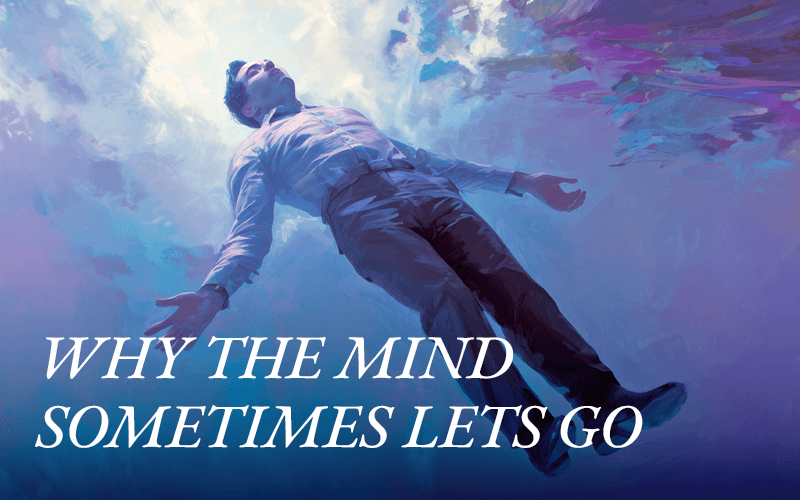 A man is floating in the air to symbolize abaissement du niveau mental, a lowering of the mind’s level.