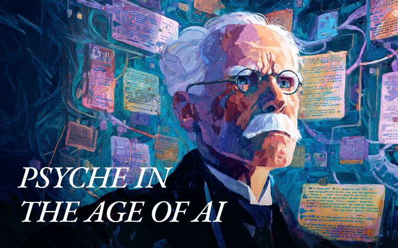An image of Jung surrounded by wires and post-it notes, illustrating the effects on psyche of AI.