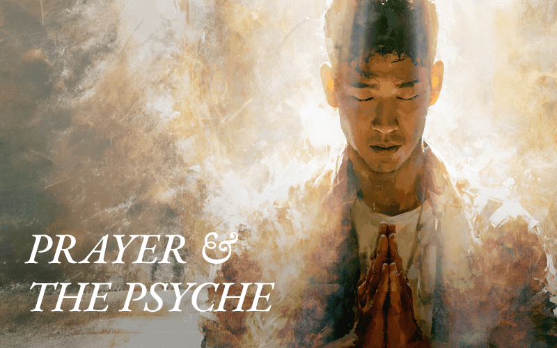A man is pictured with his hands together in prayer, illustrating the theme of a Jungian exploration of prayer