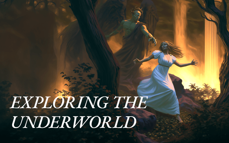 Persephone and Hades are shown in front of the underworld.