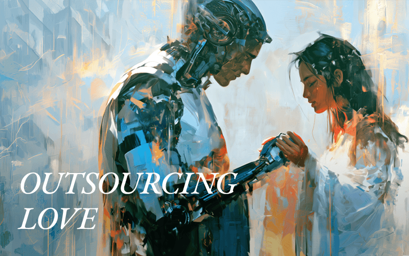A woman is pictured with a robot lover, illustrating the theme of AI's impact on relationships.